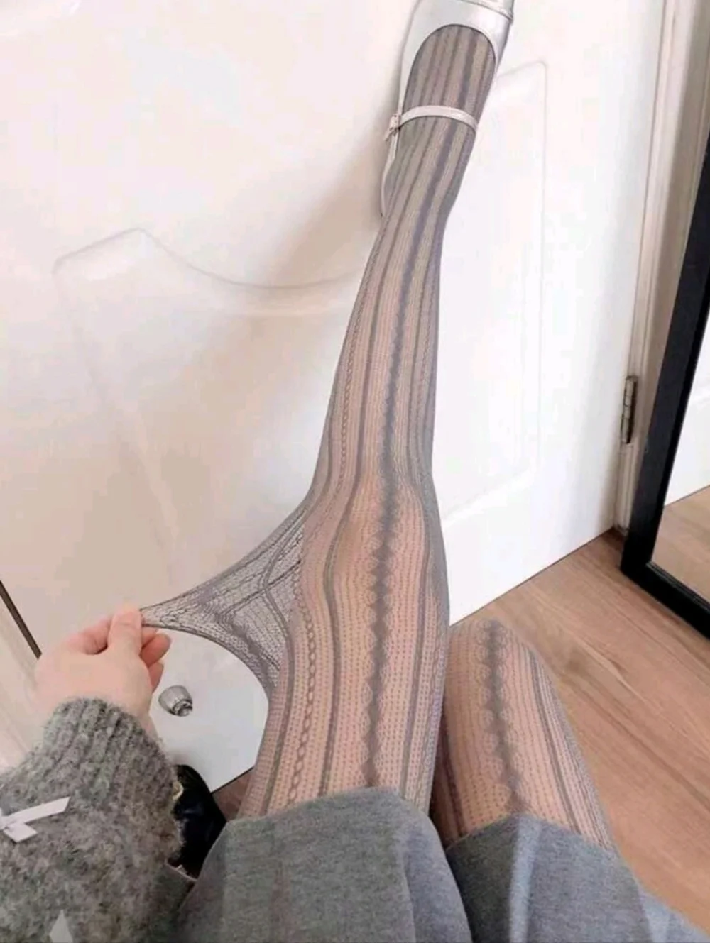 NWT Sexy Grey Vintage Romantic Vertical Striped Openwork Hosiery Tights
